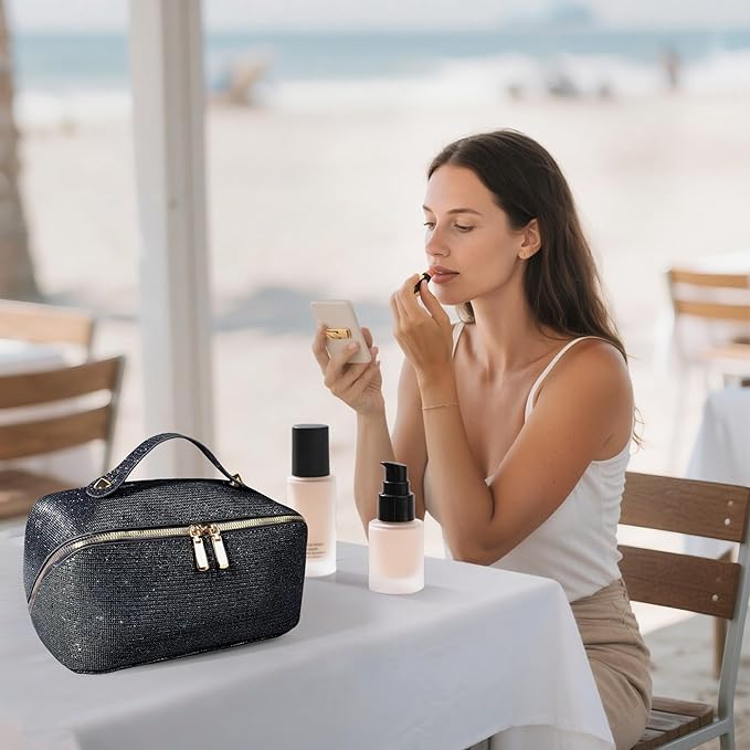 Makeup Bag for Women Travel Cosmetic Bag Toiletry Oraganizer Case Bag Travel Essentials Portable Pouch with Waterproof Large Capacity PU Leather Lining