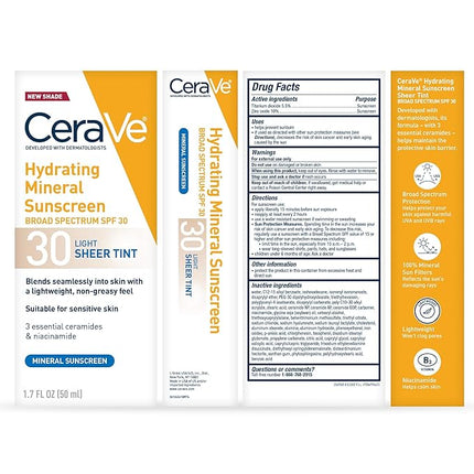CeraVe Hydrating Mineral Sunscreen SPF 30 with Sheer Tint, Tinted Mineral Sunscreen with Zinc Oxide & Titanium Dioxide, Blends Seamlessly For Healthy Glow, Light, 1.7 Oz