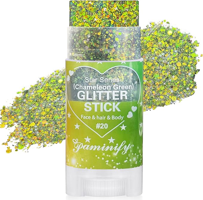 Chameleon Green Body Hair Glitter Stick,Gold Green Face Glitter St Patricks Day Accessories,Waterproof Shimmer St Patrick's Day Outfit for Women,Mardi Gras Rave Singer Concert Makeup