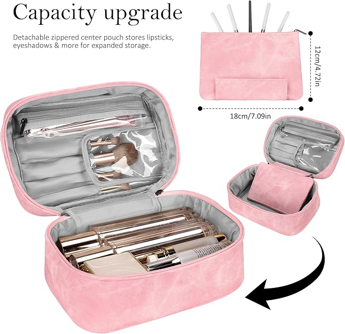 Makeup Bag, Portable Cosmetic Bag, Large Capacity Travel Makeup Case Organizer,Stylish Denim-Look Toiletry Bag for Women Girls With Handle and Removable Pouch