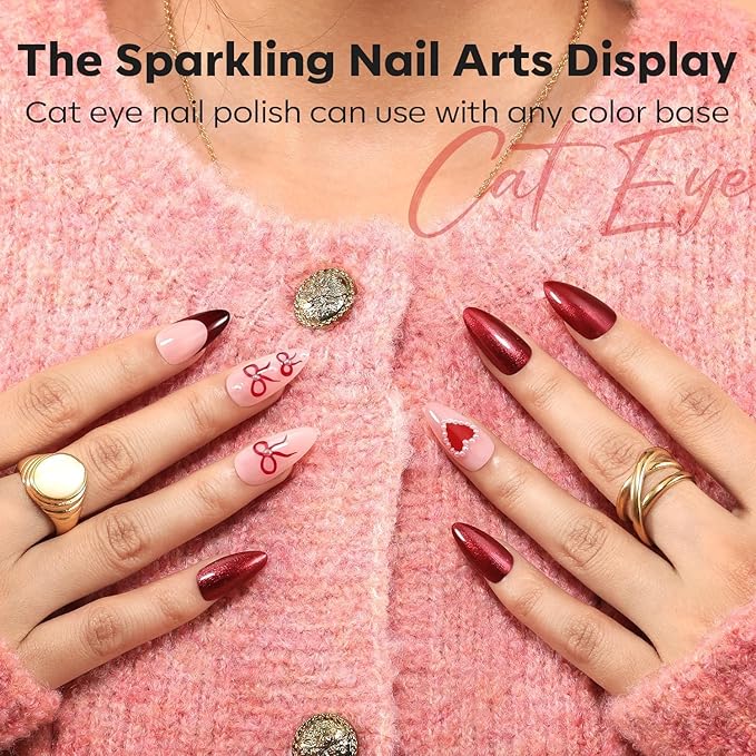 modelones Nail Polish Set, 6 Colors 2025 Classic Apple Red Cat Eye Glitter Mini Quick Dry Nail Lacquer Kit, Ruby Cherry Red Magnetic Sparkle DIY Nail Art Manicure Gift for Women Girls