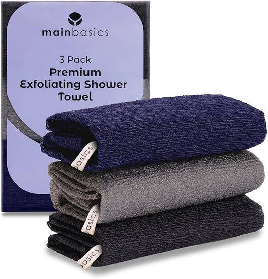MainBasics Exfoliating Shower Towel - Japanese Nylon Bath Towel and Body Washcloth, Quick-Dry, Durable, Deep Exfoliation (Set of 3, Black Ice)
