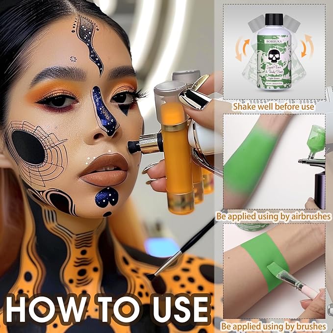 BOBISUKA Light Green Face Body Paint Liquid Texture Washable Non Toxic Facepaint Fast Drying Foundation Makeup for Halloween Witch Camo Hulk Hunting Cosplay SFX Costume St Patrick's Day Party (130ml)