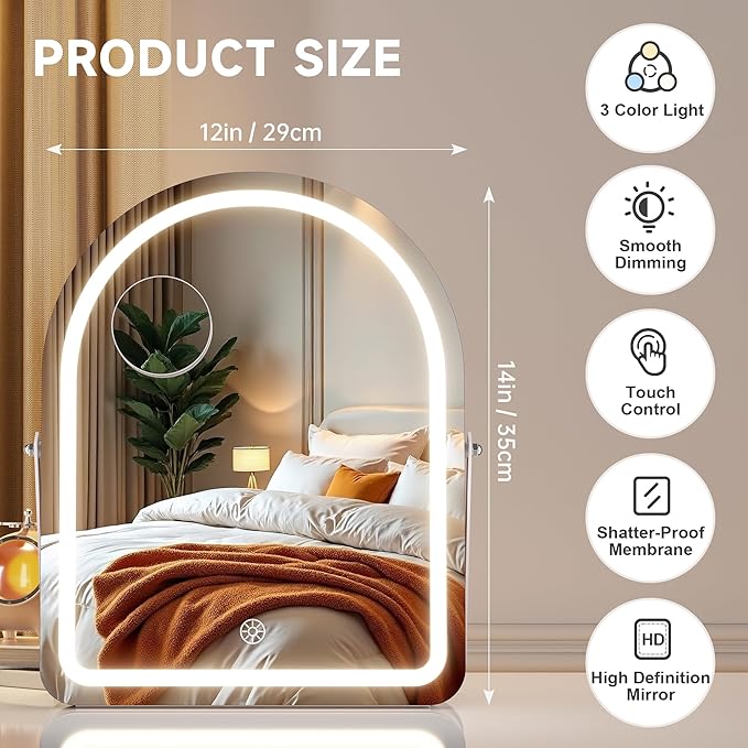 MINISO Vanity Mirror with Lights-12" x 14" Arched Makeup Mirror with 3 Color Lights, Adjustable Brightness,10X Magnification, 360°Rotation
