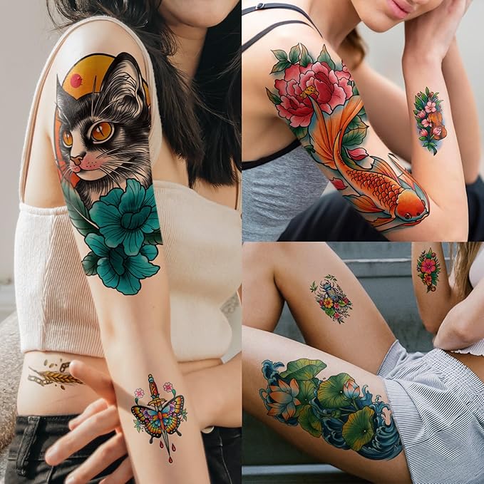 77 Sheets Temporary Tattoos Adult Kids Old School Skull Tiger Sword Cat Eagle Snake Lotus Flower Butterfly Half Arm Realistic Fake Tattoos Sticker for Women Men
