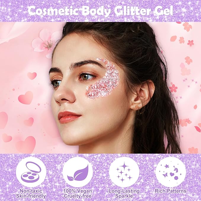 Yosca Body Glitter Gel, 30ML Pink Face Glitter for Face Body Hair Love Heart Makeup, Chunky Glitter Sequins for Festival Music Concert Dating Party Love Heart Makeup Rave Accessories