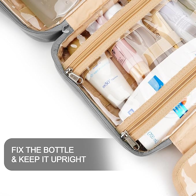 Travel Hanging Toiletry Bag for Women and Men, with 8 Leak Proofing Silicone Bottle Covers, Waterproof Makeup Accessories, Cosmetic Essentials, Cruise Ship Toiletries Bag with Jewelry Organizer, Pink