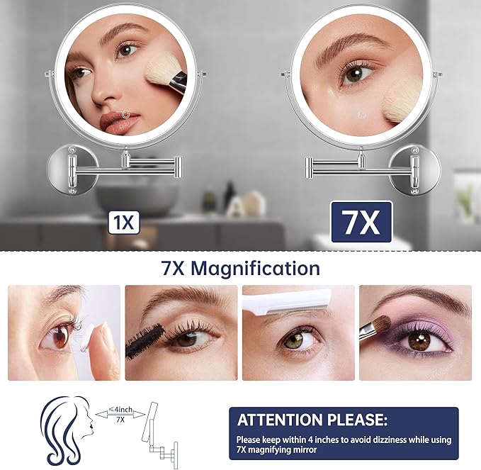 Hasipu 10-Inch Wall Mounted Makeup Mirror with Magnification, Rechargeable 3000 mAh Vanity Mirror with Lights, Bathroom Mirror with Dimmable Brightness, 3 Lighting Modes, Extendable Arm, Chrome