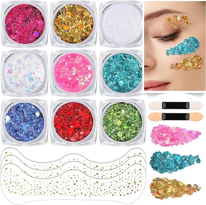 Teenitor 9 Color Face Glitter and 3 Gold Face Freckles Set - No Glue Needed Body Glitter Gel, Hair Glitter Festival Makeup for Parties, Halloween