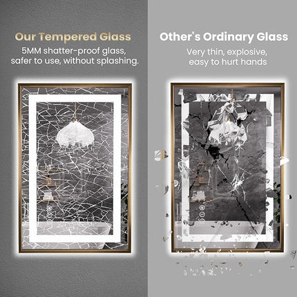 Amorho 40"X36" LED Bathroom Mirror, Gold Metal Framed Mirror with Front Light and Backlit, Stepless Dimmable, Anti-Fog, Shatter-Proof, Memory, 3 Colors