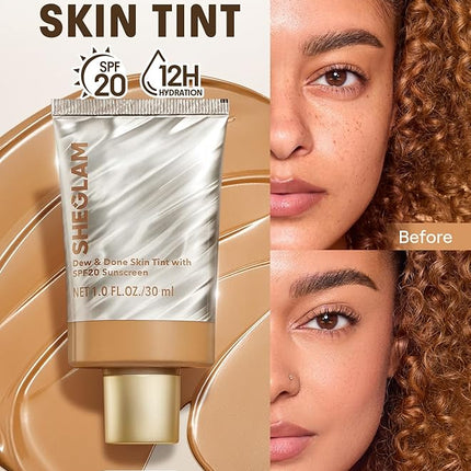 SHEGLAM Dew & Done Skin Tint with SPF20 Light-medium Coverage Foundation Evens Skin Tone-Porcelain