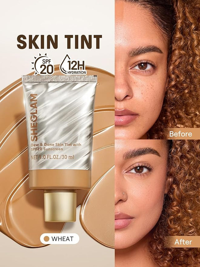 SHEGLAM Dew & Done Skin Tint with SPF20 Light-medium Coverage Foundation Evens Skin Tone-Porcelain