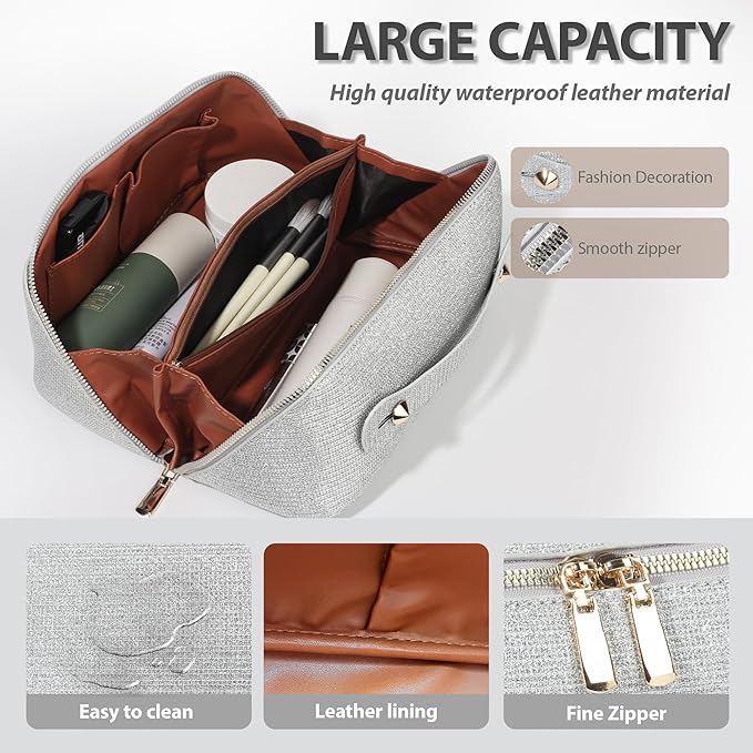 Makeup Bag for Women Travel Cosmetic Bag Toiletry Oraganizer Case Bag Travel Essentials Portable Pouch with Waterproof Large Capacity PU Leather Lining