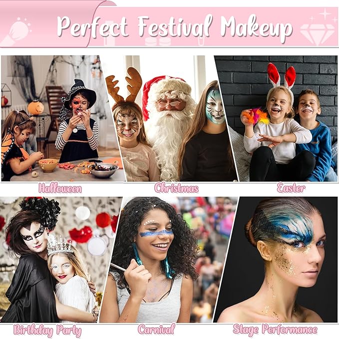 TEUVO Kids Glitter Tattoo Kit with 50 Colors, 177 Stencils, 25 Mixed Pattern Stickers(Colored/Luminous), 2 Gem Stickers, Body Face Glitter Makeup Temporary Tattoos for Halloween Christmas Birthday