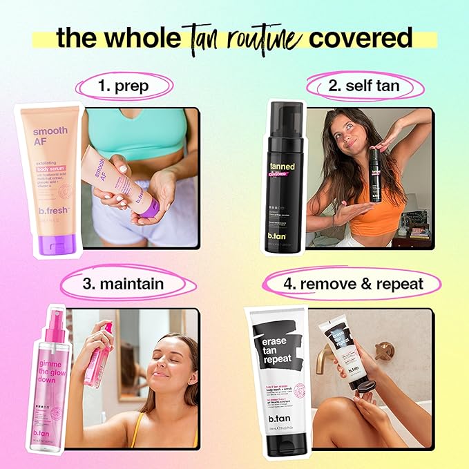 b.tan Dark Self Tan Foam & Face Mist Kit | b.tan + Glow Bundle - Sunless Tanning Mousse, Bronzing Gradual Facial + Body Spray, Mitt Applicator, 1 Hour Express, No Fake Tanner Smell, 6.7 Fl Oz