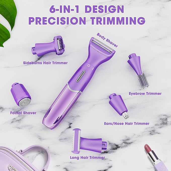 Karrte 6-in-1 Electric Razor for Women's Pubic Hair, Painless Body Shaver and Facial Epilator, Hair Removal for Face, Bikini Trimmer for Women's Private Area Purple