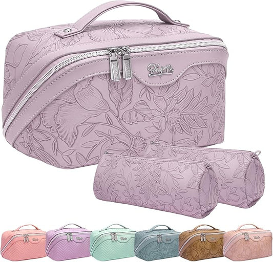 BOYATU Travel Makeup Bags Cosmetic Organizer Bag: 3-Set Large Capacity Make up Bag - PU Leather Toiletry Bags for Women - Wide Open Portable Pouch with Divider & Handle (01-Z-Light Purple)