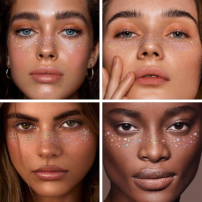 8PCS Glitter Freckles, Glitter Freckles Face Tattoo, Sparkle Freckles for Women and Kids, Cute Star Waterproof Gold Temporary Face Tattoos Glitter Glow Up Patches (8PCSB Holographic Multicolor)