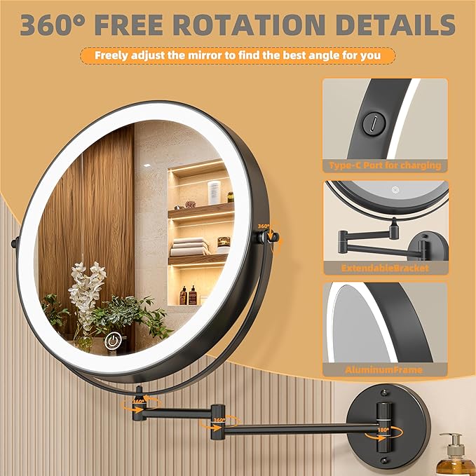 8.5" Wall Mounted Makeup Mirror with Light, 2000mAh Rechargeable Double Sided 1X / 10X Magnifying Vanity Mirror, 3 Color Lights Touch Dimmable 360° Rotation Bathroom Mirror, Black