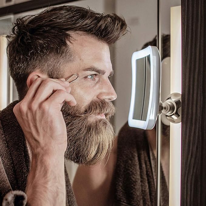 Fancii Rechargeable 10x Magnifying Mirror with 3 LED Light Settings, Dimmable Touch Light, Cordless, Locking Suction Mount, Lighted Mirror for Bathroom or Travel, Mira 2 (White)