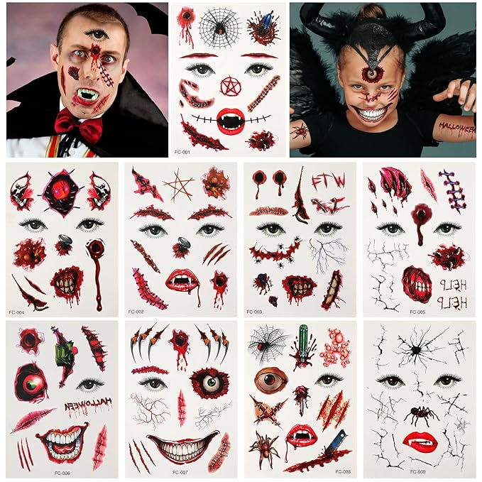 Halloween Horror Makeup Fake Scars Temporary Tattoos - 118 Pcs Realistic Bloody Stitches Wound Tattoo Stickers for Face & Body, Zombie, Chucky, Vampire Cosplay, Pranks & Masquerade Parties