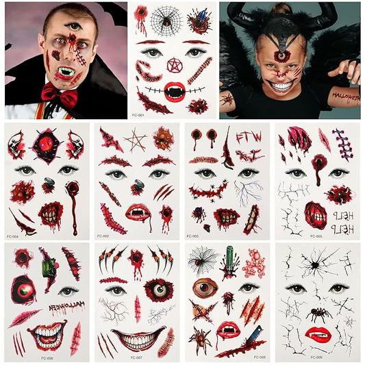 Halloween Horror Makeup Fake Scars Temporary Tattoos - 118 Pcs Realistic Bloody Stitches Wound Tattoo Stickers for Face & Body, Zombie, Chucky, Vampire Cosplay, Pranks & Masquerade Parties