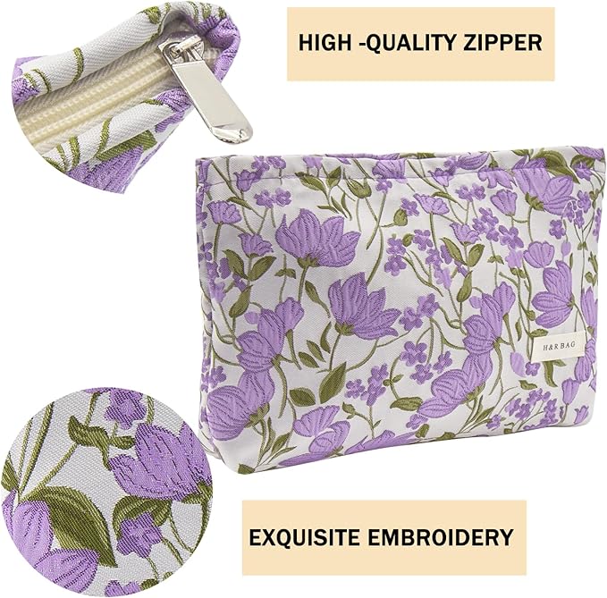 2 Pcs Makeup Bags, Large Cosmetic Bag Travel Toiletry Bag Organizer for Women, Embroidery Craft, Floral Makeup Bag Small Cosmetic Pouch Purse with Zipper Gifts for Girls Teen