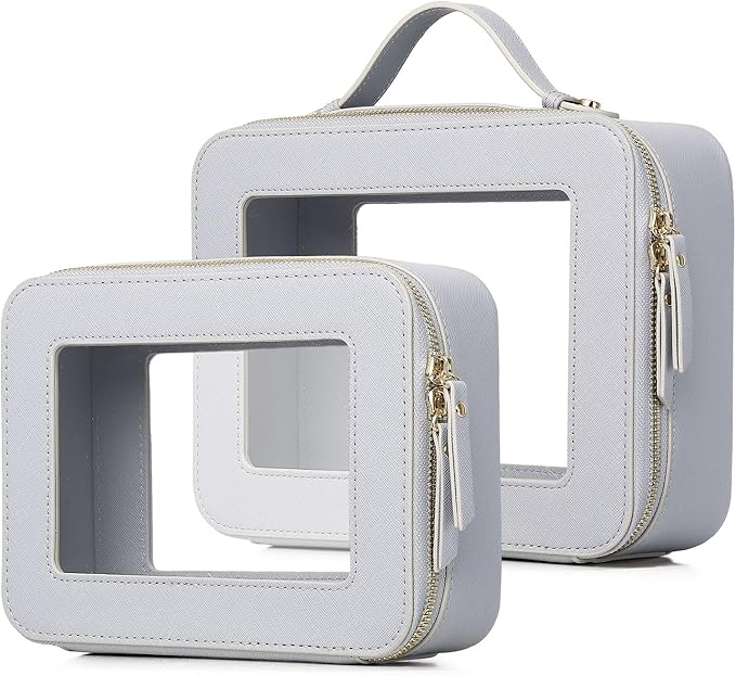 Pinkmik Clear Makeup Bag for Women Waterproof Travel Cosmetics and Toiletries Case Portable Makeup Oaganizer Bag Clear Car Bag with Zipper (Gray, M+L)