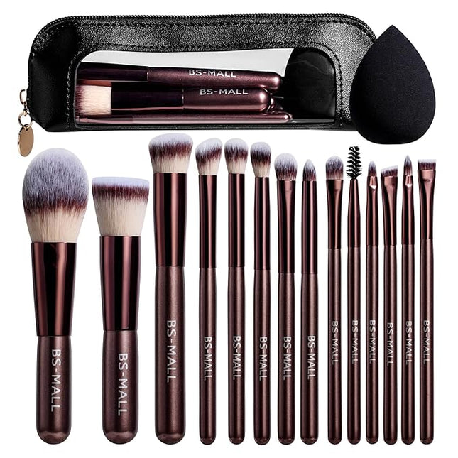 BS-MALL 14 Pcs Makeup Brushes Set with 1 Pcs Makeup Sponge – Essential Foundation Powder Concealers, Eye Shadows, Blush Makeup Brushes with Travel Makeup Case (Coffee)