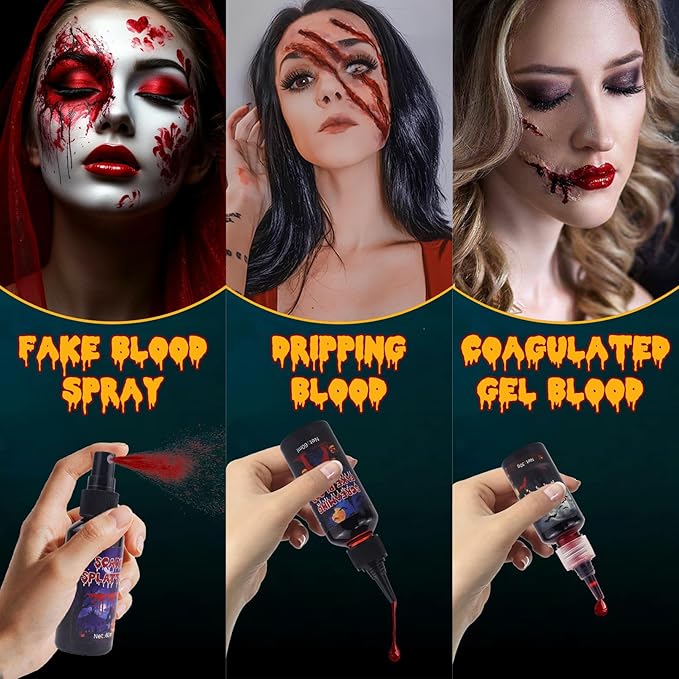 Halloween Fake Blood Sfx Makeup Kit, Special Effects Makeup Kit - Fake Blood Spray 2.03oz ,Dripping Blood 2.03oz, and Coagulated Gel Blood 1.06oz, Safe for Vampire Zombie Monster Cosplay Party Clothes