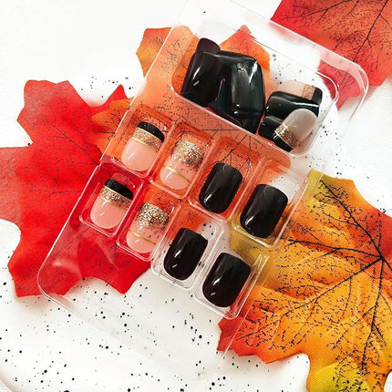 Fall Press on Nails Square Short Brown French Tip Nails Press Ons 24 Pcs Glossy Glitter Designs