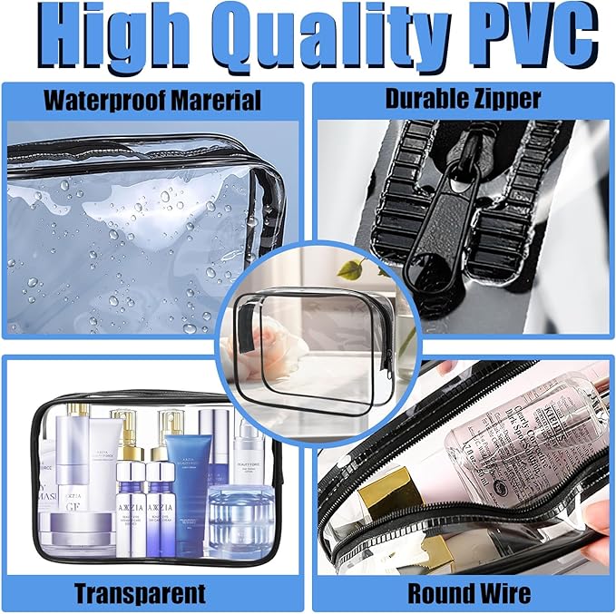 12 Pcs Clear Toiletry Bag PVC Waterproof Zippered PVC Cosmetic Makeup Carry Pouch TSA Approved Toiletry Bag for Travel Clear Organizer Storage Bags (Medium, Black)