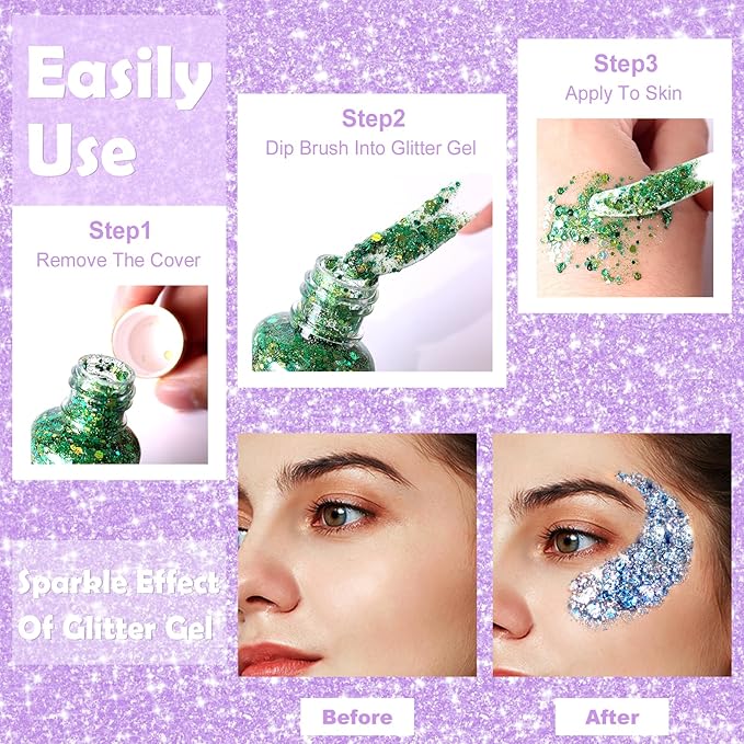 Yosca Body Glitter Gel, 30ML Red White Blue Chunky Face Glitter, Patriotic Glitter Hair Glitter for Memorial Day 4 of July Independence Day Veterans Day Flag Makeup Party Rave Accessories