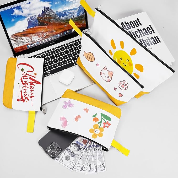 10 Pieces Cotton Canvas Makeup Bag with Bottom and Strap, Multi-Purpose Cosmetic Bag with Zipper Travel Toiletry Pouch, Blank DIY Craft Bag (White&Yellow, S)