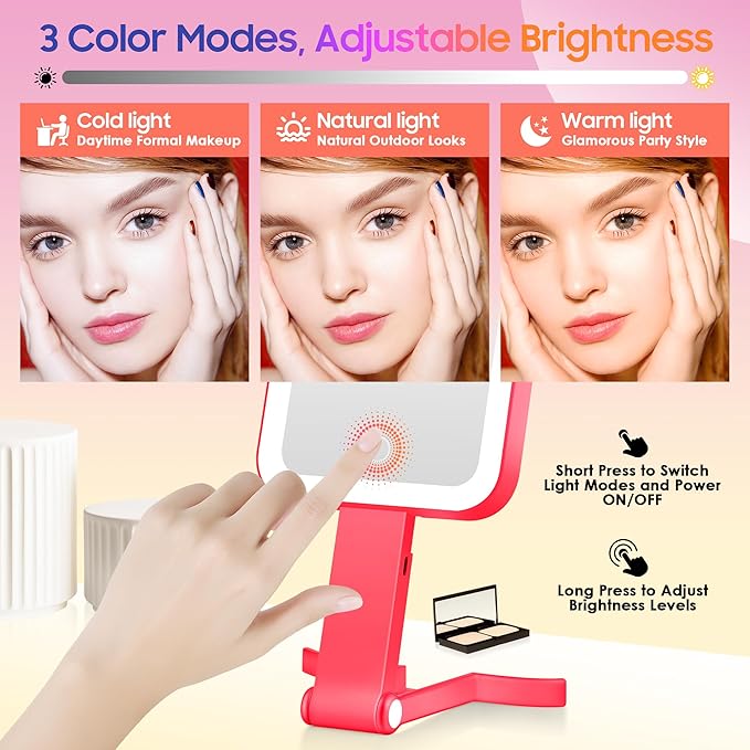 Magnifying Travel Mirror with Light, 30X/1X Double-Sided Magnifying Mirror with 3 Color Lights, Brightness Adjustable, Foldable Handheld Makeup Mirrors Portable for Travel and Desktop Use