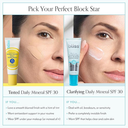 Bliss Block Star Clarifying Daily Mineral Sunscreen Broad Spectrum SPF 30, Blendable Pore Safe Formula for Blemish Prone Skin with Salicylic Acid and Witch Hazel, 1.4 Fl Oz