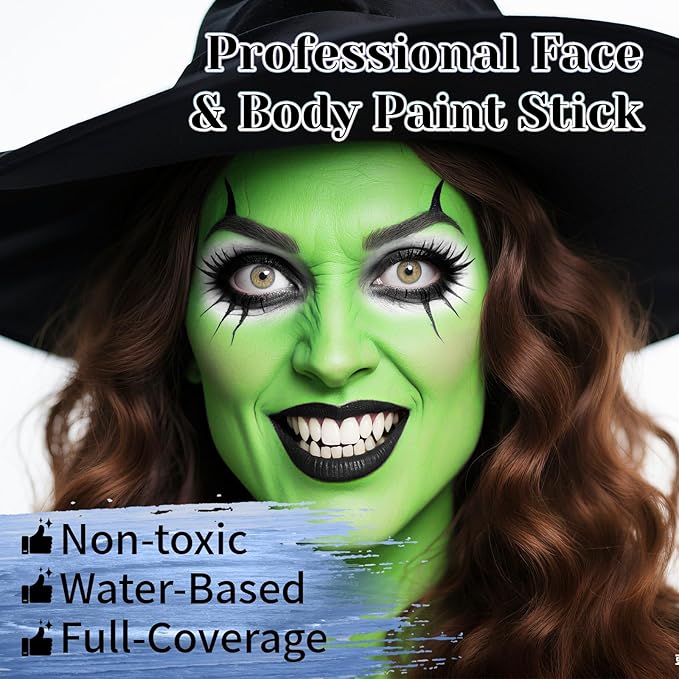 Black White Light Green Face Body Paint Stick Set with Translucent Setting Powder and Sponges, Professional Full Coverage Face Painting for Adult Halloween Cosplay SFX Witch Hulk Monster Makeup