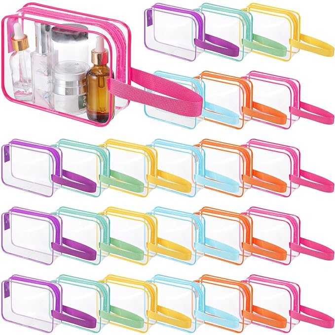 Silkfly Clear Toiletry Bag PVC Travel Cosmetic Bag with Handle Strap Makeup Pouch with Zipper Summer Vacation Salon Graduation Gift End of the Year Gifts(Vibrant Color,24 Pack)