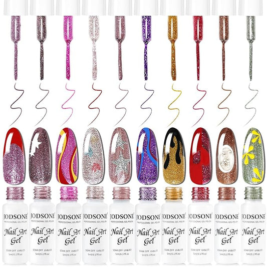 JODSONE Nail Art Gel Liner Set 10 Colors Glitter Purple Gold Green Gel Nail polish Need U V Lamp Cured with Thin Brush at Home Salon Design