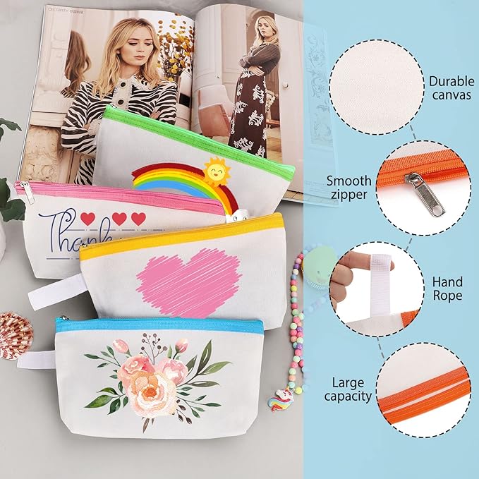 10 Pieces Cotton Canvas Makeup Bag with Bottom and Strap, Multi-Purpose Cosmetic Bag with Zipper Travel Toiletry Pouch, Blank DIY Craft Bag (Multicolor 01, S)