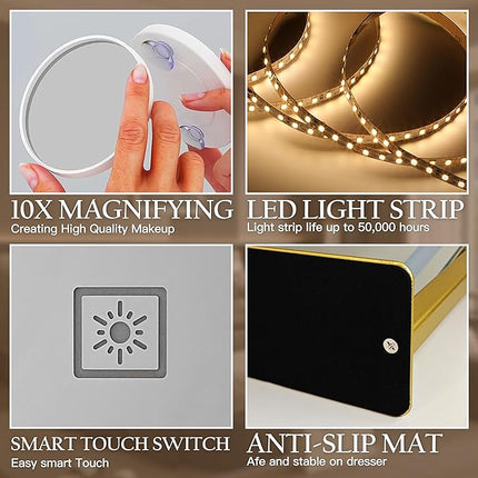 ROLOVE Gold Vanity Mirror with Lights 15" x 12", Lighted Makeup Mirror with 10X Magnification, 3 Color Lighting & Dimmable Brightness, Make Up Mirror with Lighting for Bedroom Tabletop