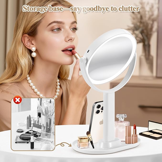 Makeup Mirror with Lights, Double Sided 1x/20x Magnifying Mirror with Light, Rechargeable 3 Color Lights and Adjustable Brightness, 360° Rotation Detachable Comes with Tweezer(White)