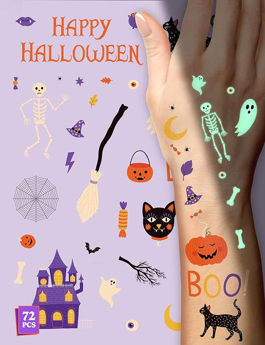 HOUSE OF PARTY Glow in the Dark Tattoos for Kids - Pack of 72 - Halloween Temporary Tattoos - Non-Toxic Waterproof Stickers for Boys and Girls Ideal for Halloween Tatoos Party Favors and Decorations!