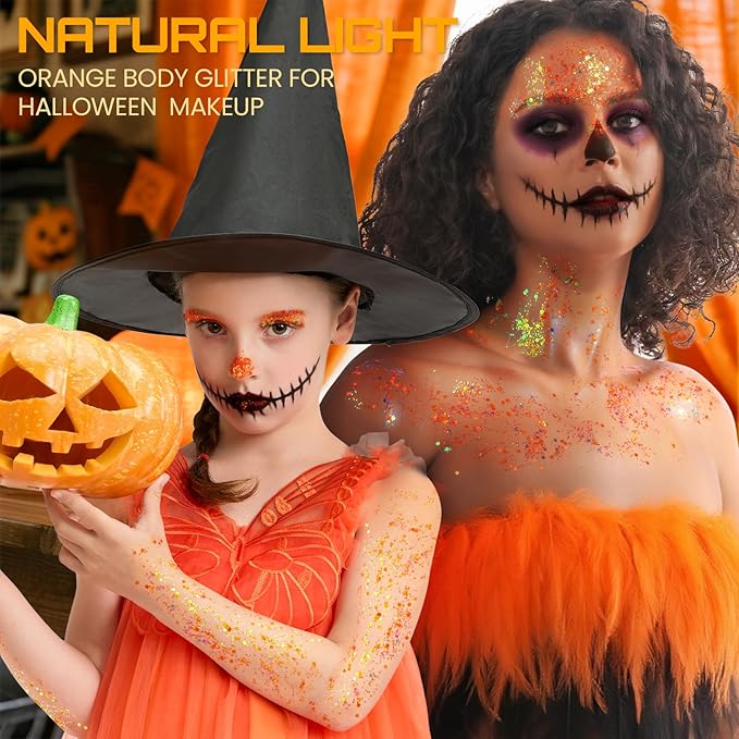 Teenitor Orange Glow in The Dark Glitter Gel, Orange Body Glitter Face Glitter for Halloween Makeup UV Black Light Festival Party Cheer Makeup