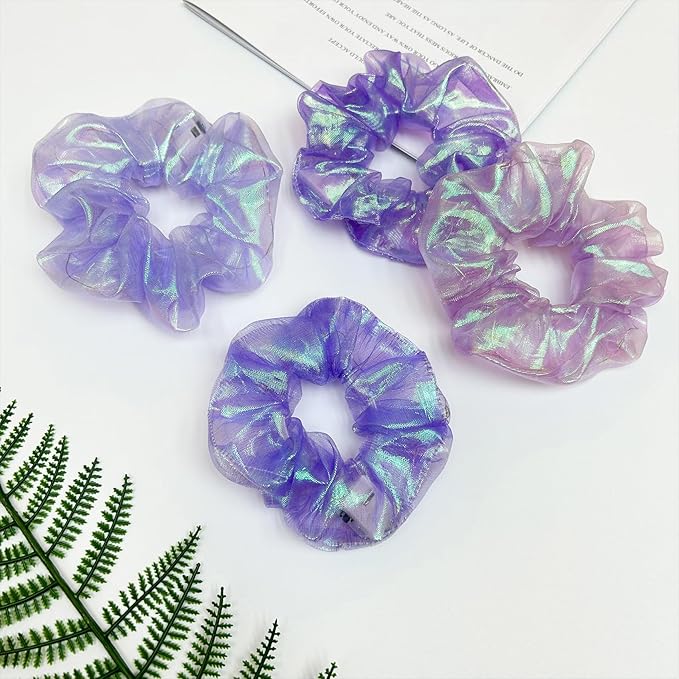 4Pcs Light Up Scrunchies Halloween Hair Tie, Purple LED Scrunchy Hair Elastic for Women & Girls, Glow in the Dark Party Supplies Party Favor Festival Rave Accessories for Neon Glow Party