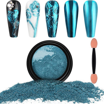 Artdone Chrome Nail Powder, Lake Blue Iridescent Aurora Powder Metallic Mirror Effect Pigment Pearlescent Mermaid Pigment Pearl Glitter Dust Kit, Nail Art Decoration, Resin Craft