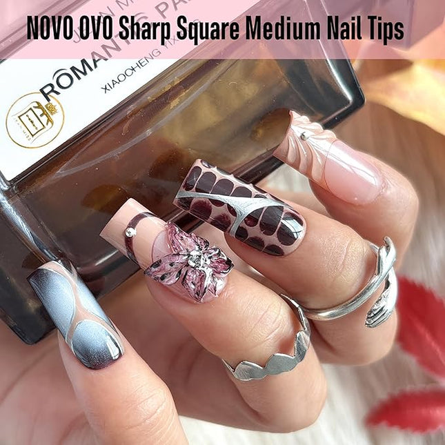 NOVO OVO Sharp Square Medium Nail Tips Press on, Natural (Not Sculpted) No C Curve Soft Gel Double Matte Clear Fake Nail Extension,Full Cover False Nails for Salon DIY Manicure x 15 Sizes 450 pcs