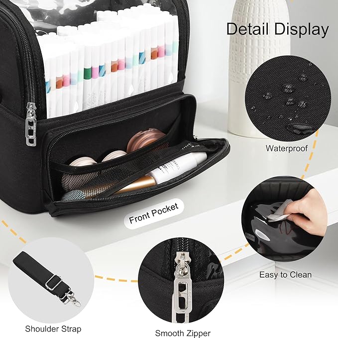 Makeup Brush Case, Extra Large Stand-up Makeup Cup Travel Makeup Brush Bag Foldable Professional Cosmetic Bags Artist Storage Case with Adjustable Divide&Strap (01A-Black（X Large）)