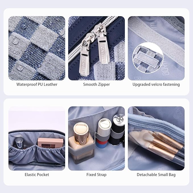BOYATU Travel Makeup Bag for Women: Large Cosmetic Bag Set of 3 - PU Leather Make up Bag with Compartments - Compact Waterproof Toiletry Bag with Divider & Handle (C-05Deep Blue)