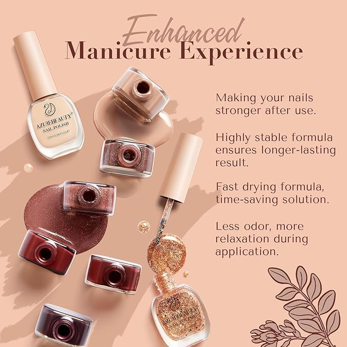 AZUREBEAUTY Brown Shades Champagne Glitter Nail Polish Set 8 Colors, Quick Dry Natural Nail Lacquer Strengthening Treatment Kit DIY Salon